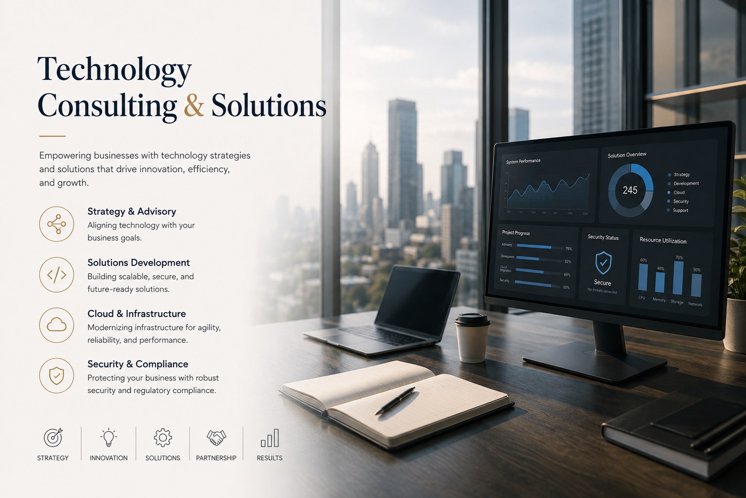 Technology Consulting & Solutions — We help organizations improve their technology maturity, strengthen operational performance and move toward internationally recognized standards through the right solutions, consulting, implementation and support.